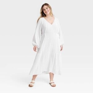 Balloon Long Sleeve Midi A-Line Dress - White XXL